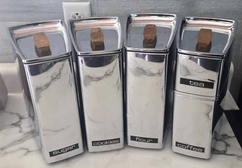 Vintage 1950's MCM Chrome Lincoln Beautyware Stackable Canisters - Set of 5